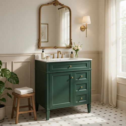 Roze Bathroom Vanity with Ceramic Sink | 3 Drawers | Green Wood 30"