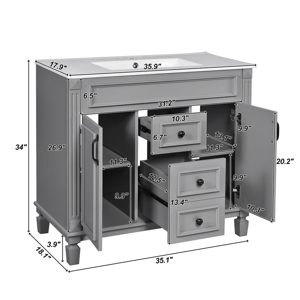 Gwen 36" Bathroom Vanity with Built In Sink | 2 Doors | Gray | Ceramic