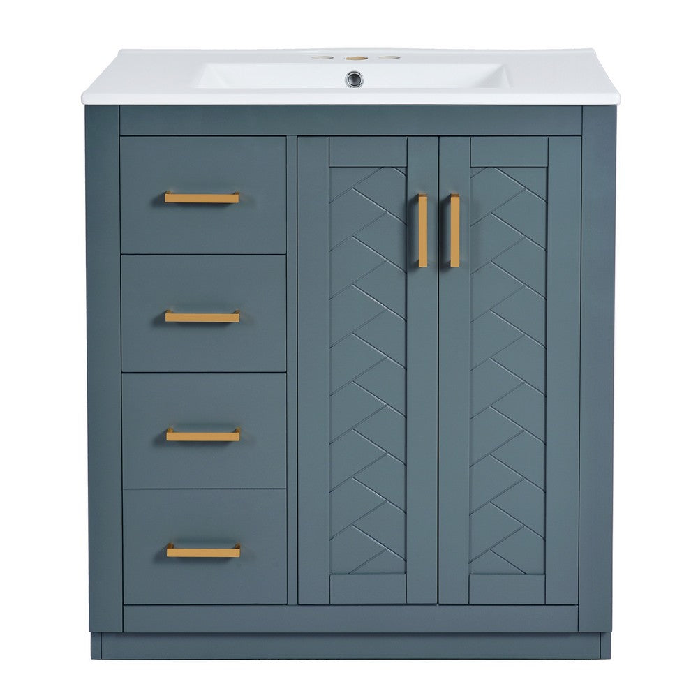 Wenz 30" Ceramic Sink Bathroom Vanity | Gold Metal Accents Rustic Blue Wood