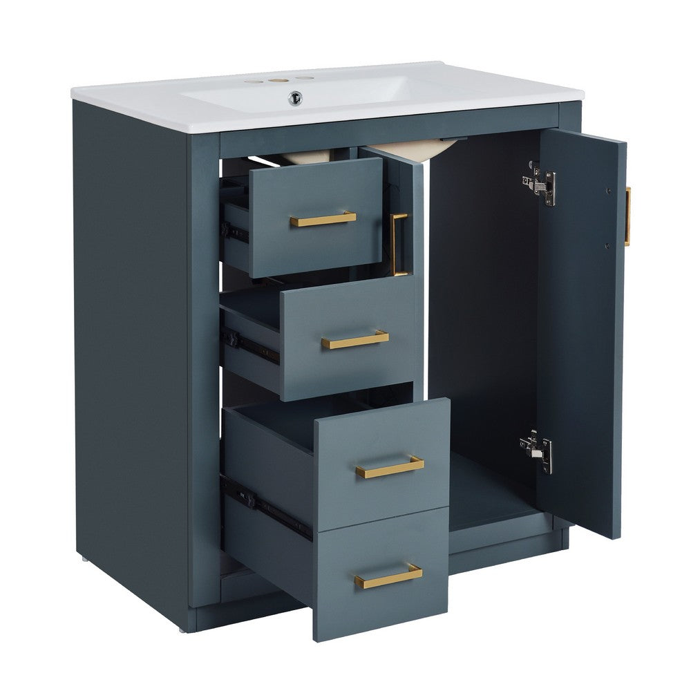 Wenz 30" Ceramic Sink Bathroom Vanity | Gold Metal Accents Rustic Blue Wood