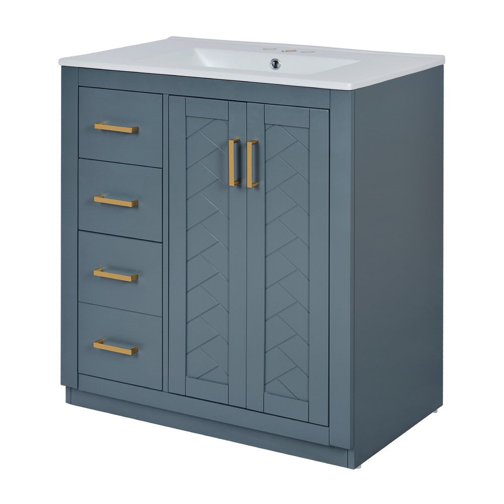 Wenz 30" Ceramic Sink Bathroom Vanity | Gold Metal Accents Rustic Blue Wood