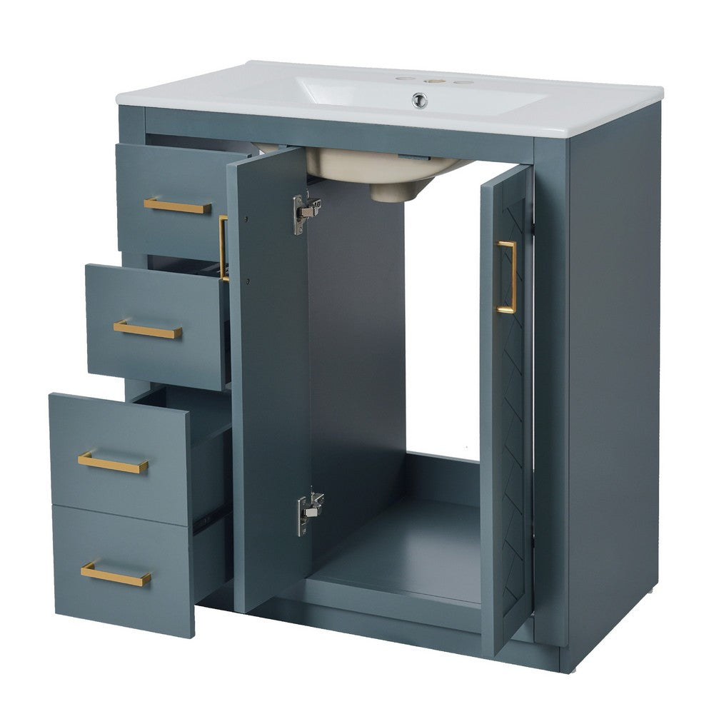 Wenz 30" Ceramic Sink Bathroom Vanity | Gold Metal Accents Rustic Blue Wood