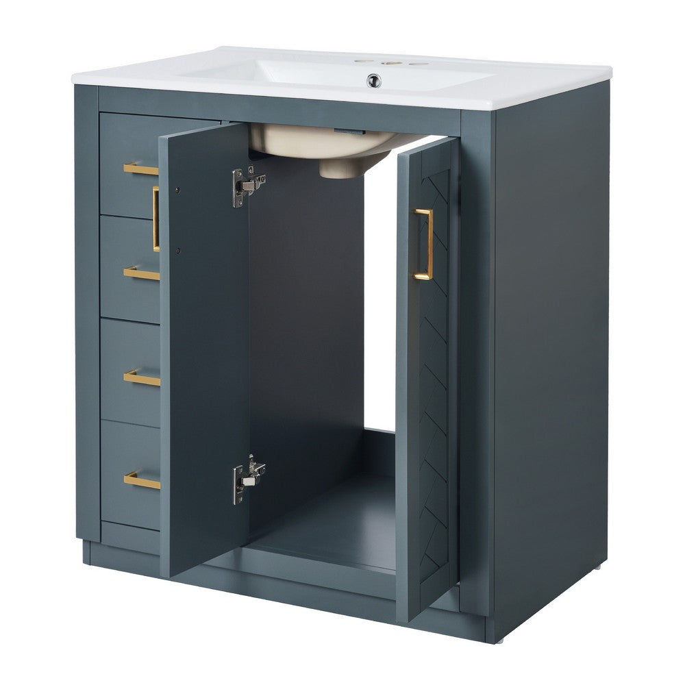 Wenz 30" Ceramic Sink Bathroom Vanity | Gold Metal Accents Rustic Blue Wood
