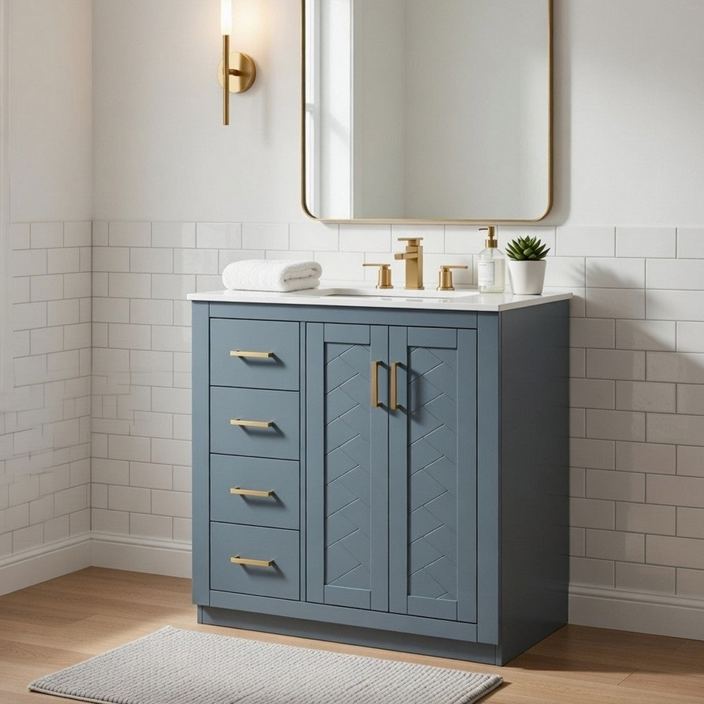 Wenz 30" Ceramic Sink Bathroom Vanity | Gold Metal Accents Rustic Blue Wood