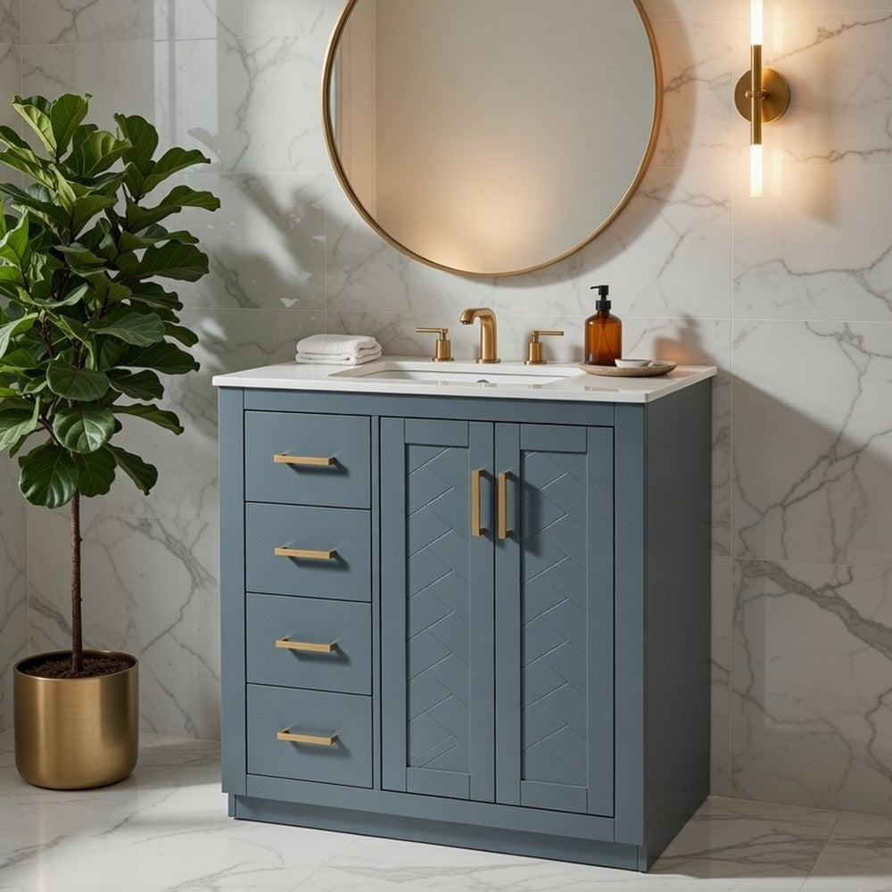 Wenz 30" Ceramic Sink Bathroom Vanity | Gold Metal Accents Rustic Blue Wood