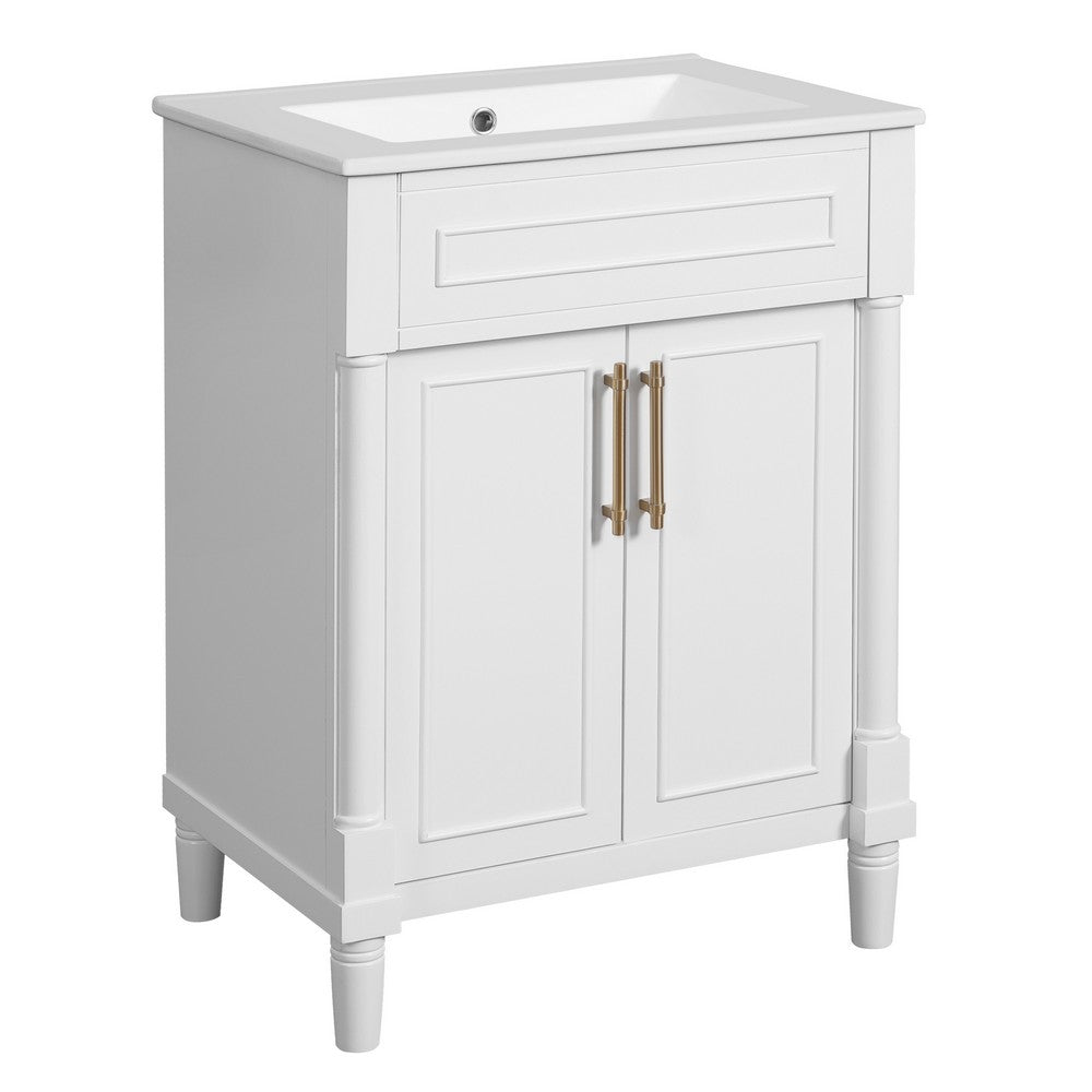 Quen Ceramic Sink Bathroom Vanity | Gold Metal & White Wood 24"
