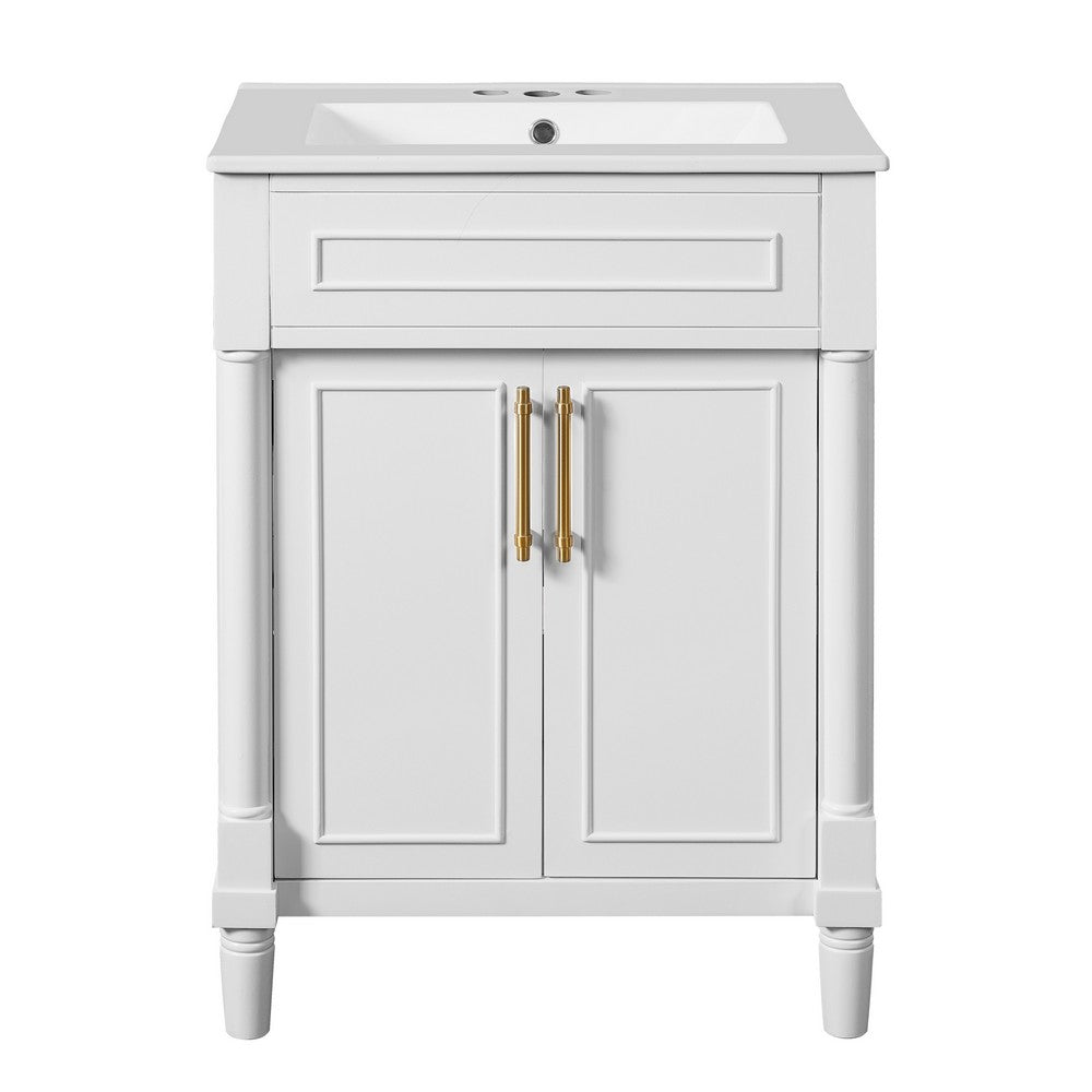 Quen Ceramic Sink Bathroom Vanity | Gold Metal & White Wood 24"