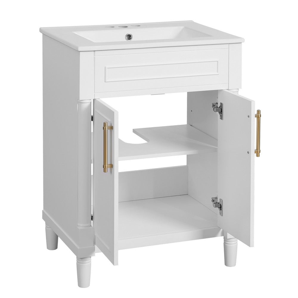 Quen Ceramic Sink Bathroom Vanity | Gold Metal & White Wood 24"