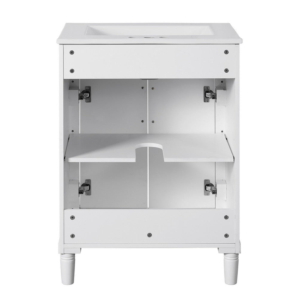 Quen Ceramic Sink Bathroom Vanity | Gold Metal & White Wood 24"
