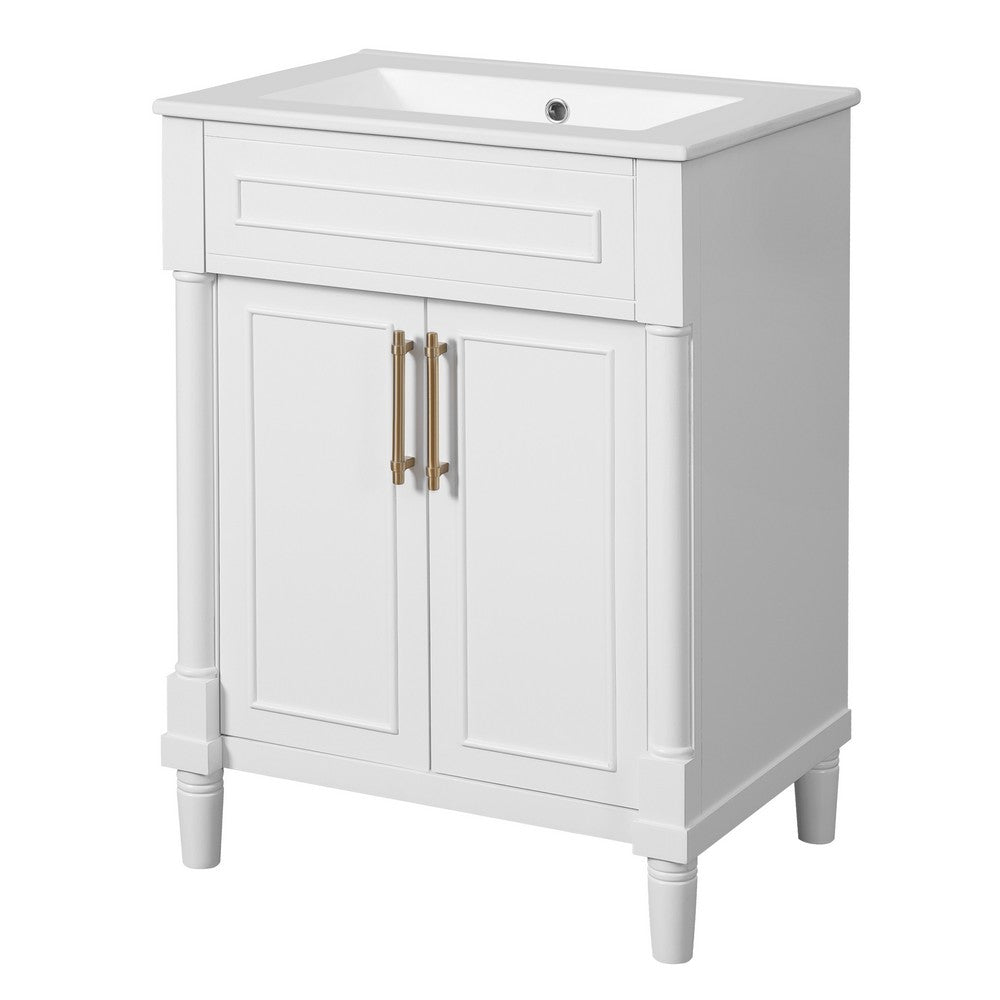 Quen Ceramic Sink Bathroom Vanity | Gold Metal & White Wood 24"