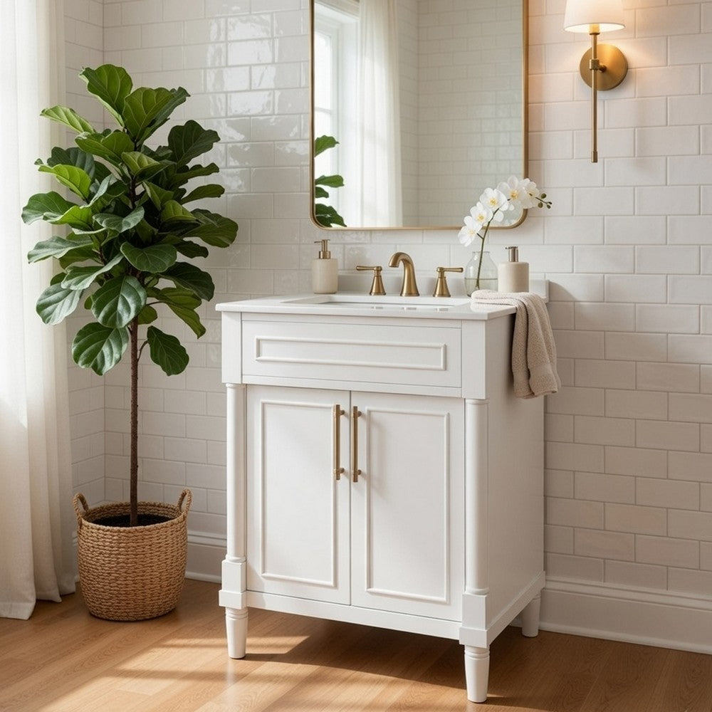 Quen Ceramic Sink Bathroom Vanity | Gold Metal & White Wood 24"
