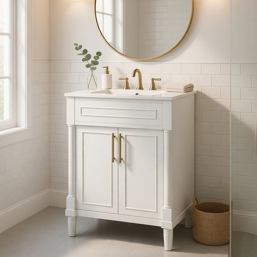 Quen Ceramic Sink Bathroom Vanity | Gold Metal & White Wood 24"