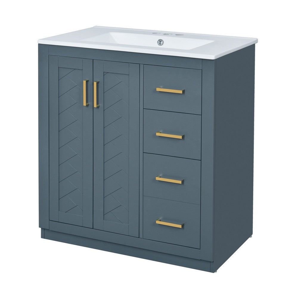 Sarba Bathroom Vanity Sink | Ceramic & Gold Metal | Blue Wood 30"