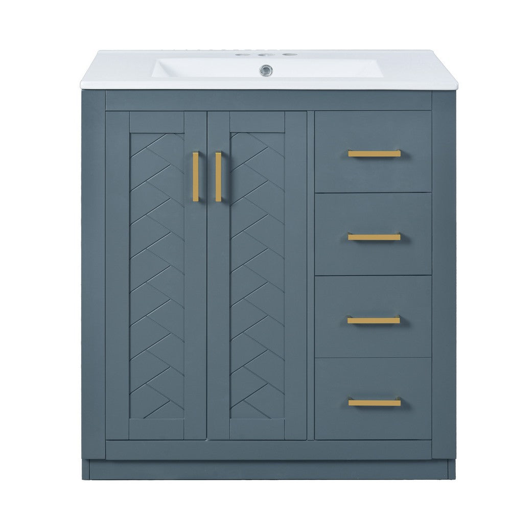 Sarba Bathroom Vanity Sink | Ceramic & Gold Metal | Blue Wood 30"