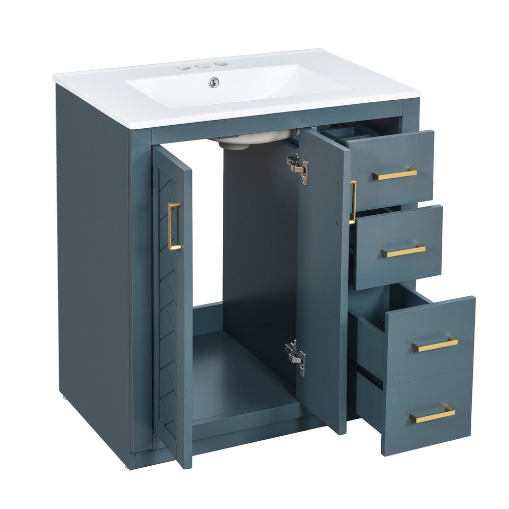 Sarba Bathroom Vanity Sink | Ceramic & Gold Metal | Blue Wood 30"