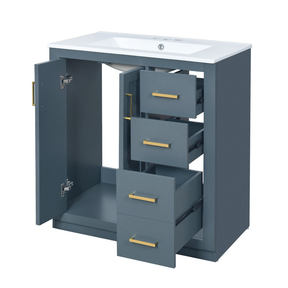 Sarba Bathroom Vanity Sink | Ceramic & Gold Metal | Blue Wood 30"