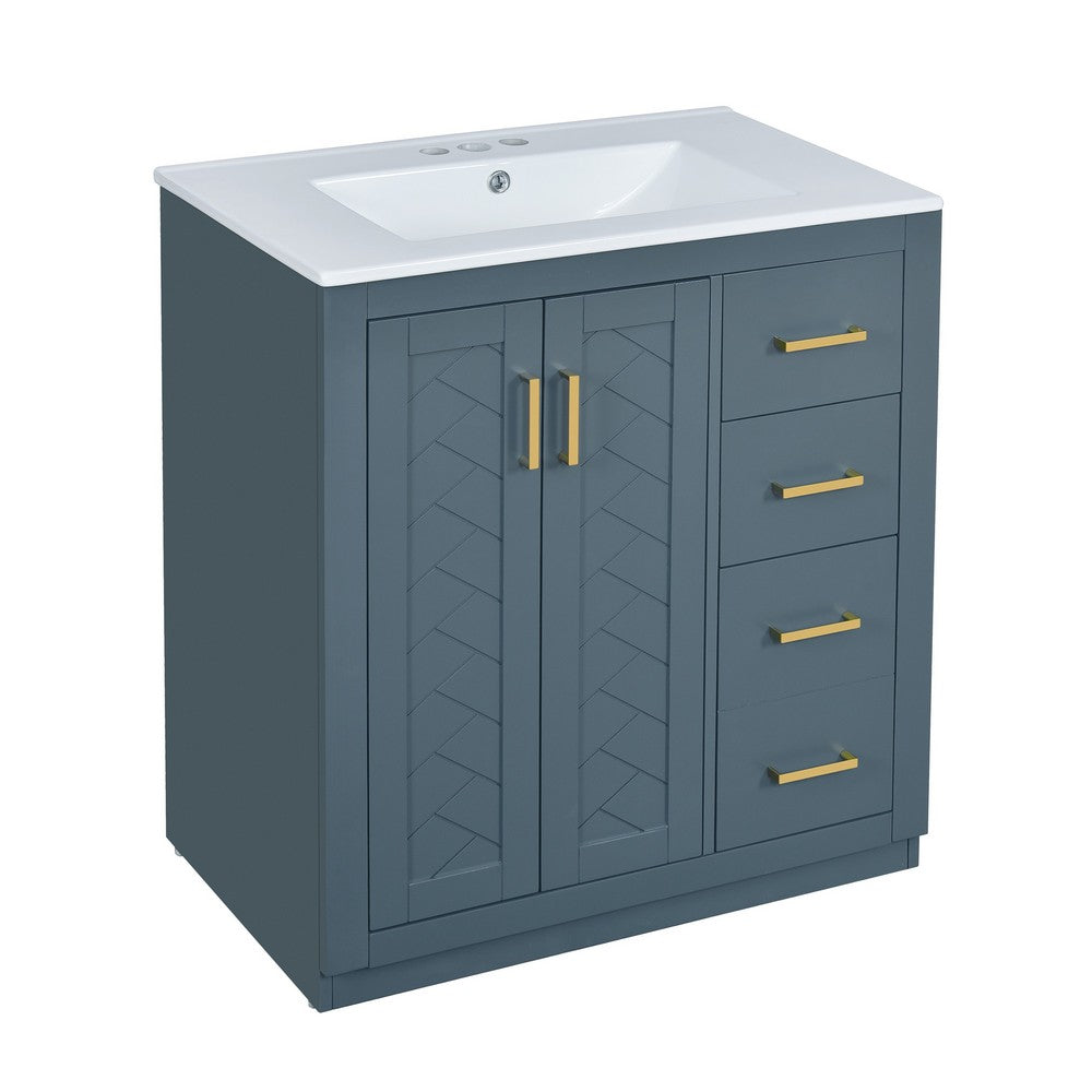 Sarba Bathroom Vanity Sink | Ceramic & Gold Metal | Blue Wood 30"