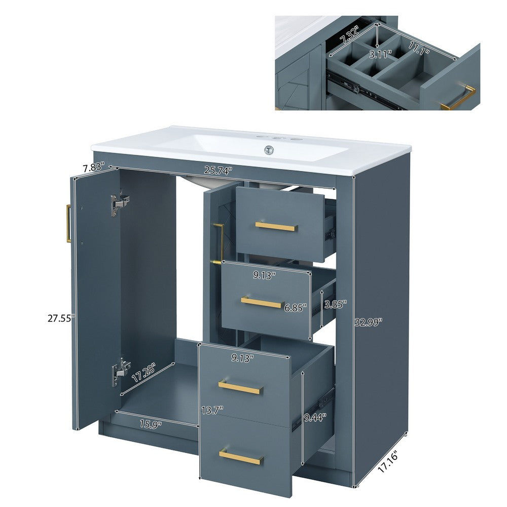 Sarba Bathroom Vanity Sink | Ceramic & Gold Metal | Blue Wood 30"