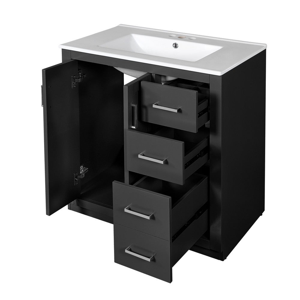 Sarba Bathroom Sink with Vanity Cabinet | Ceramic | Chrome | Black Wood 30"