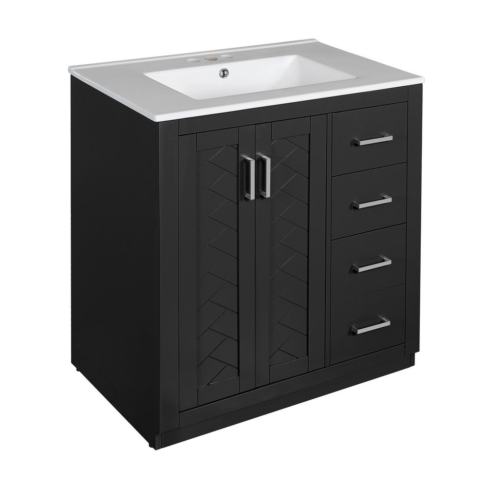 Sarba Bathroom Sink with Vanity Cabinet | Ceramic | Chrome | Black Wood 30"