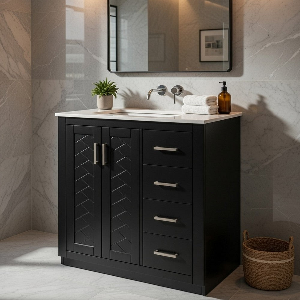Sarba Bathroom Sink with Vanity Cabinet | Ceramic | Chrome | Black Wood 30"