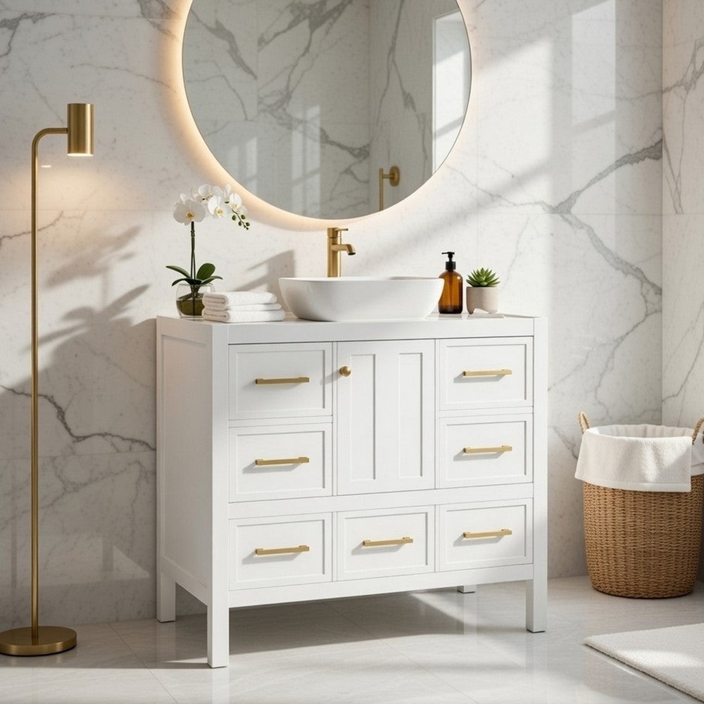 Hamza Bathroom Vanity Cabinet with 5 Drawers | White Wood 36" Wide