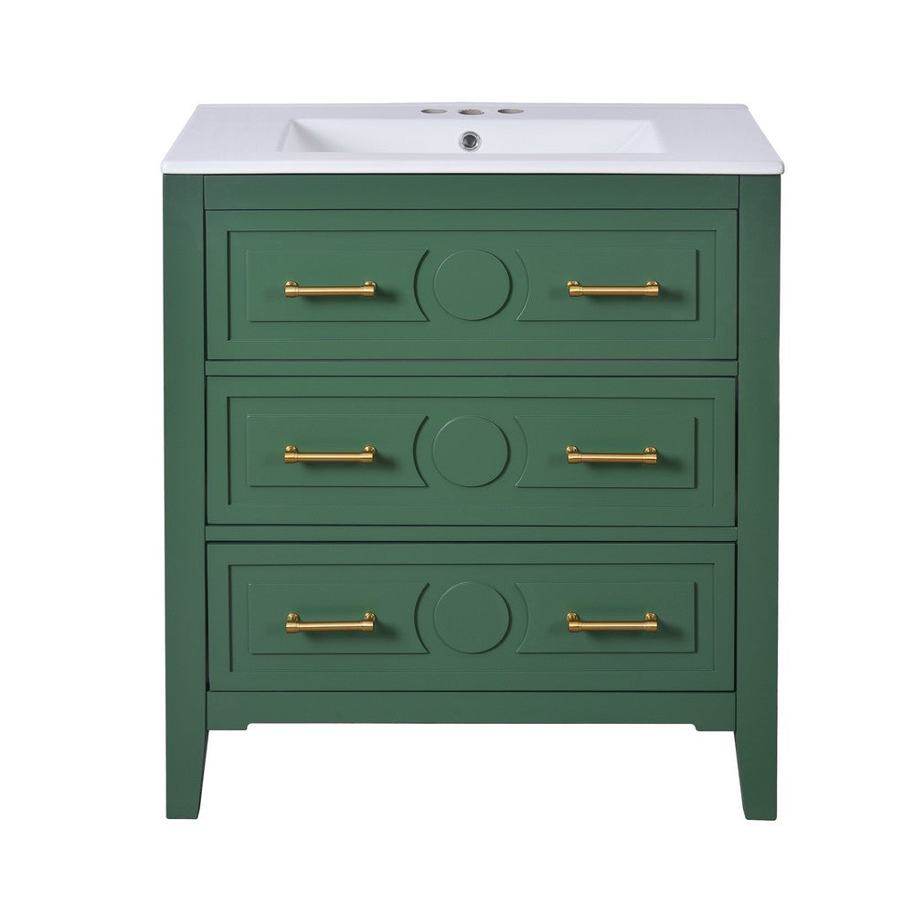 Solan Bathroom Vanity w Ceramic Sink | Gold Handles | Green Solid Wood 30"