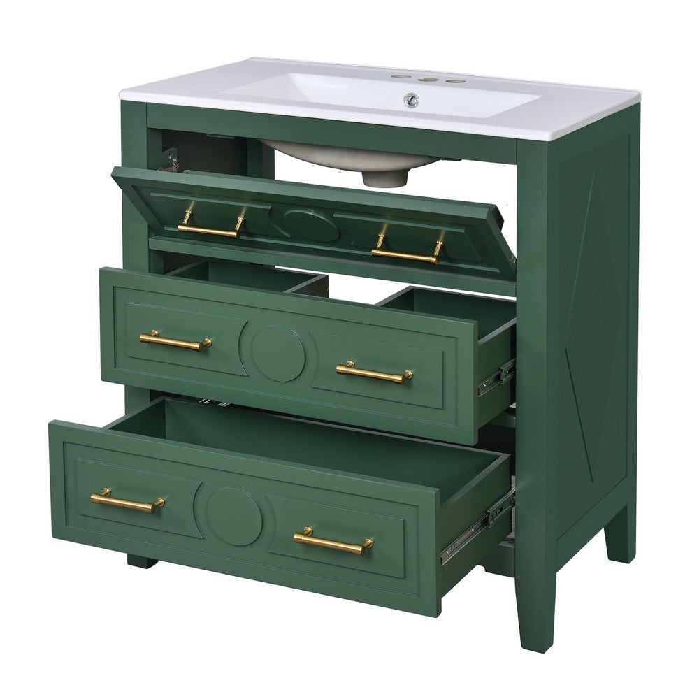 Solan Bathroom Vanity w Ceramic Sink | Gold Handles | Green Solid Wood 30"
