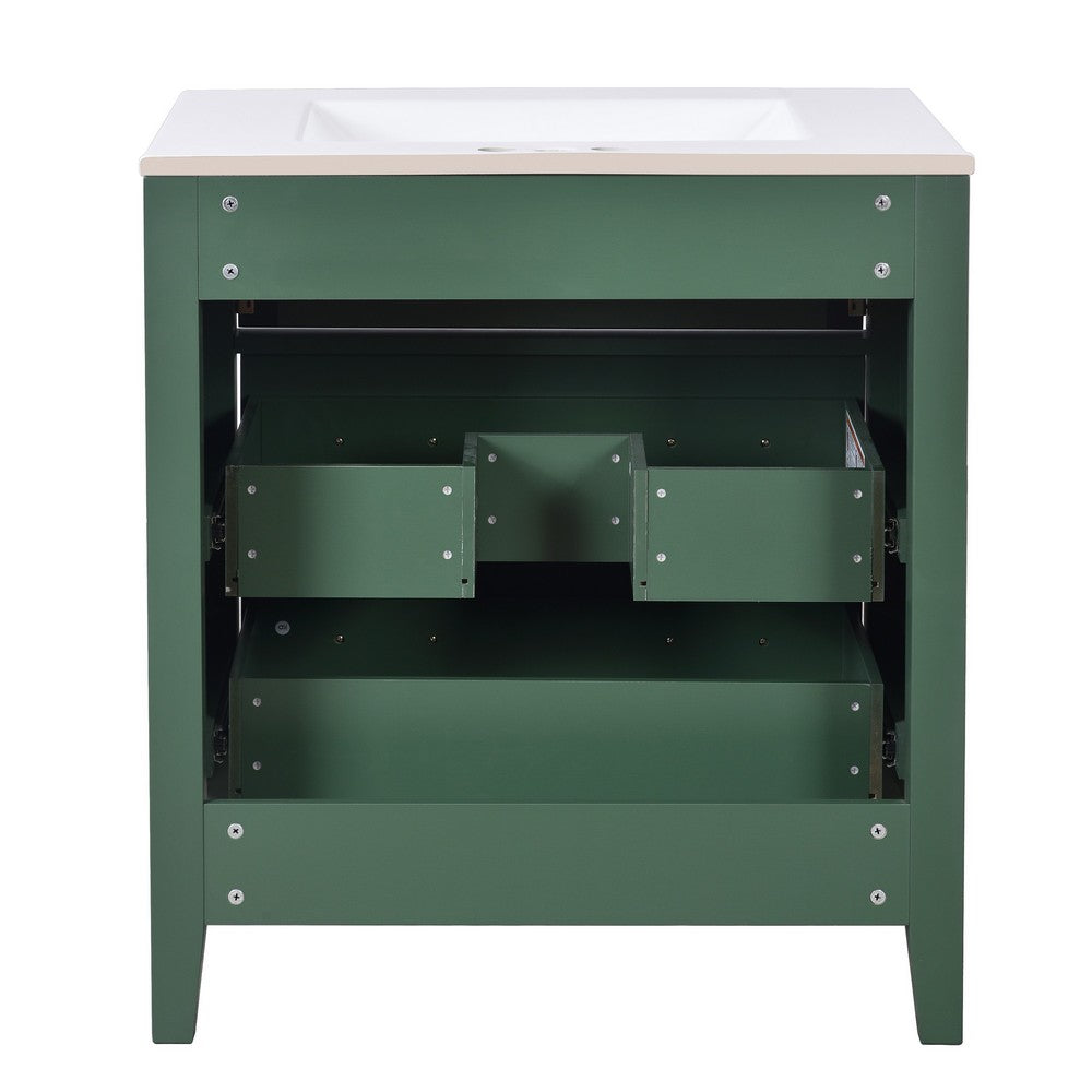 Solan Bathroom Vanity w Ceramic Sink | Gold Handles | Green Solid Wood 30"