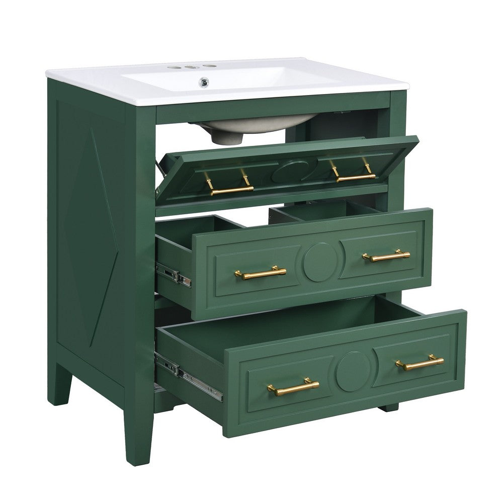 Solan Bathroom Vanity w Ceramic Sink | Gold Handles | Green Solid Wood 30"