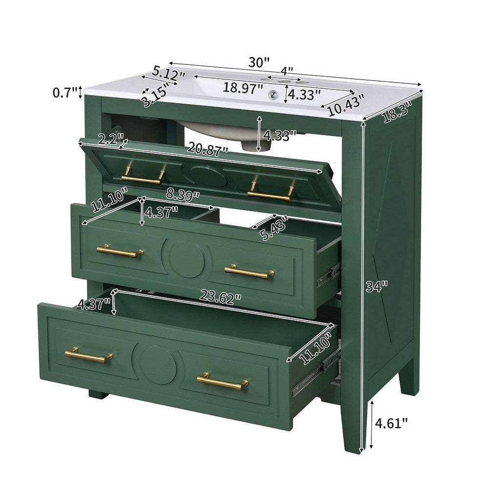 Solan Bathroom Vanity w Ceramic Sink | Gold Handles | Green Solid Wood 30"