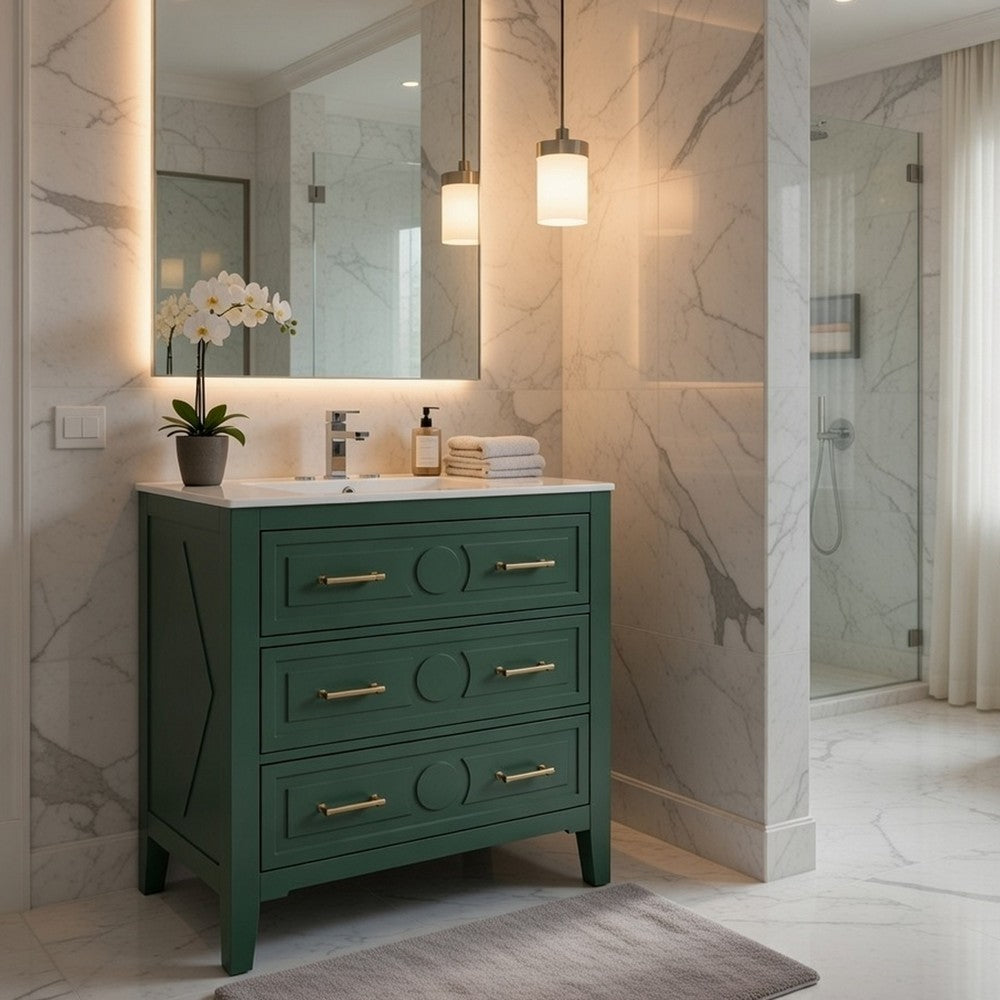 Solan Bathroom Vanity w Ceramic Sink | Gold Handles | Green Solid Wood 30"