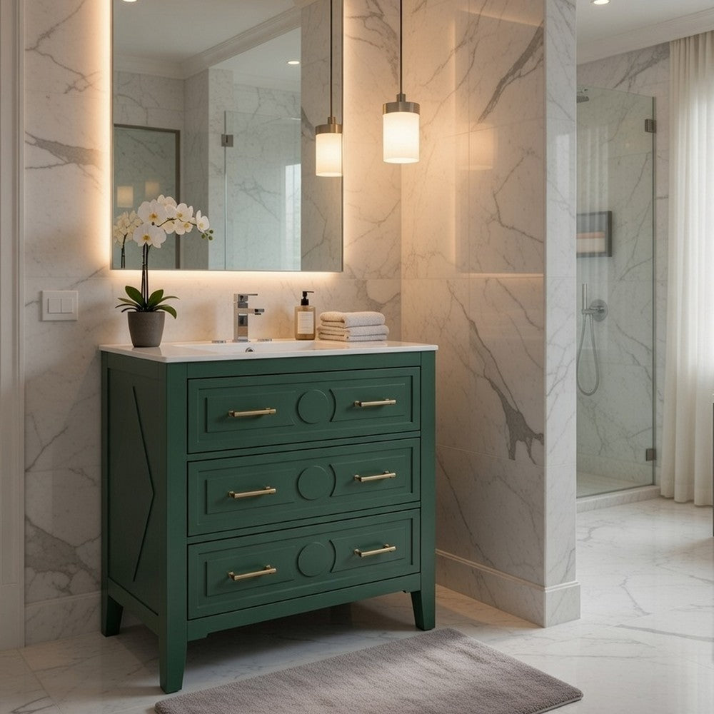 Solan Bathroom Vanity w Ceramic Sink | Gold Handles | Green Solid Wood 30"