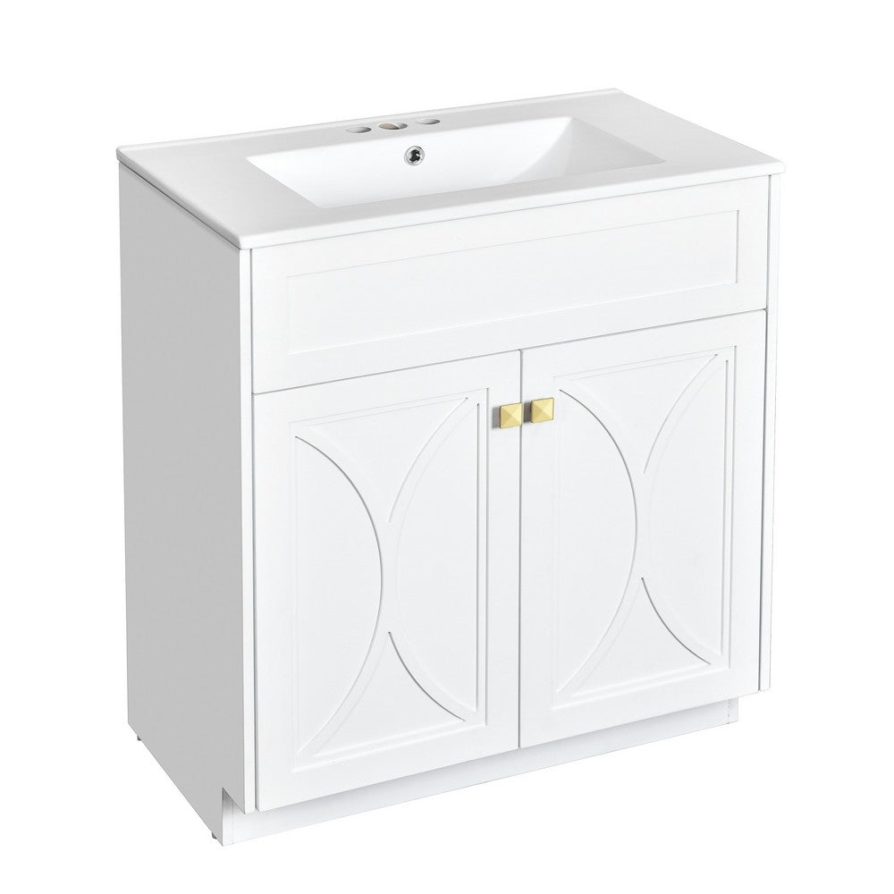 Trixie Bathroom Vanity with Ceramic Sink | Gold Metal | White Wood 30"