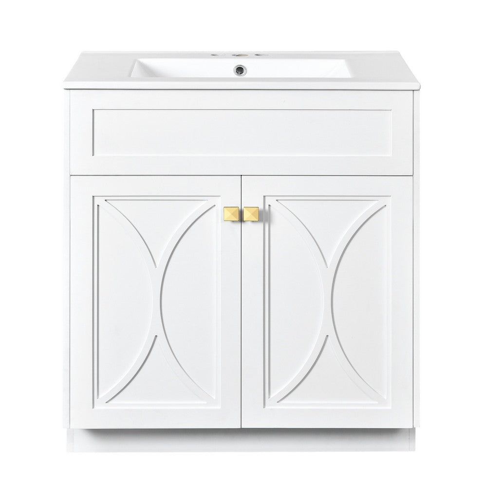 Trixie Bathroom Vanity with Ceramic Sink | Gold Metal | White Wood 30"