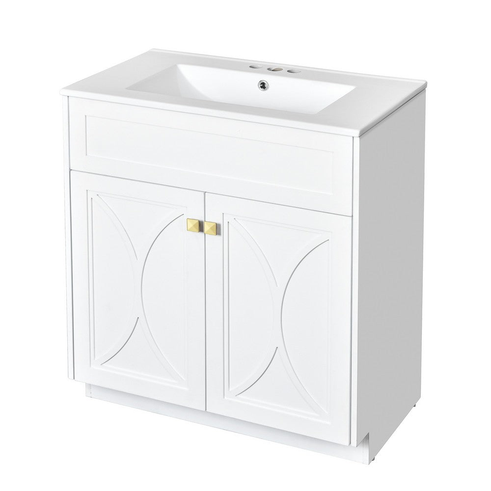 Trixie Bathroom Vanity with Ceramic Sink | Gold Metal | White Wood 30"