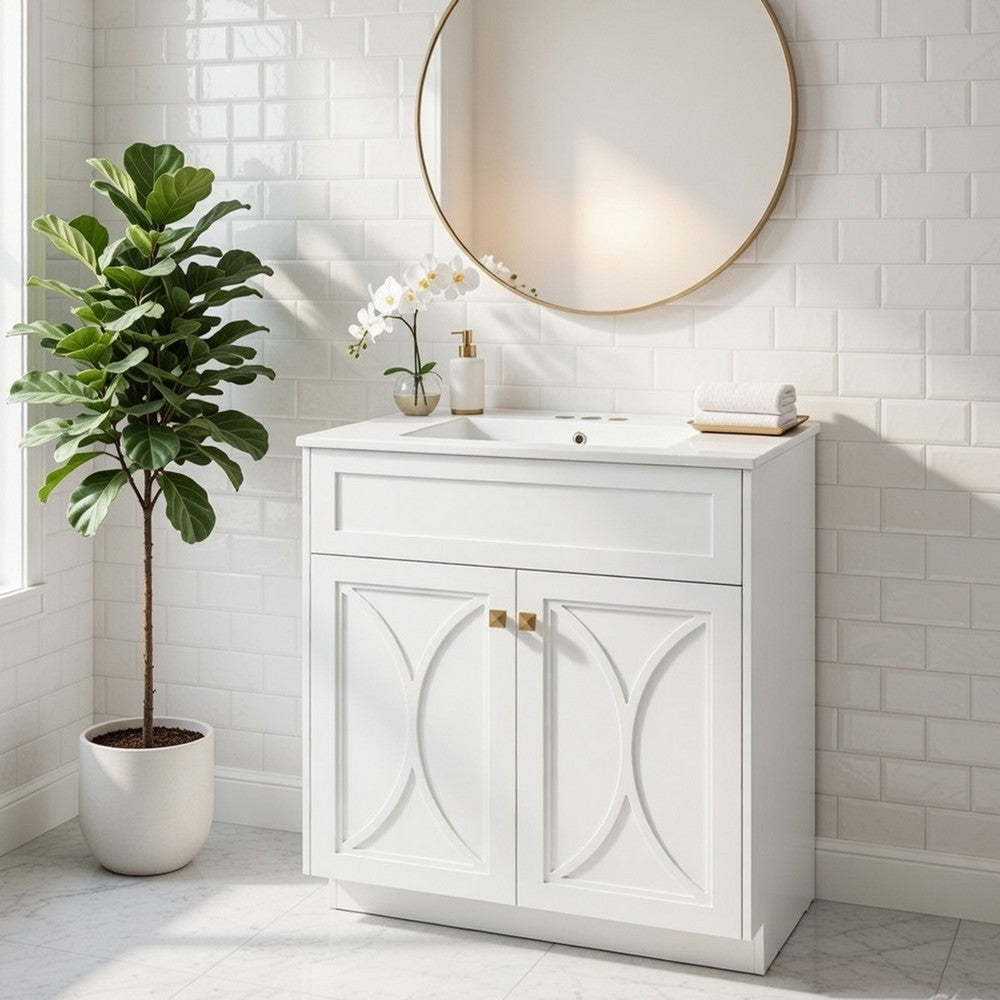 Trixie Bathroom Vanity with Ceramic Sink | Gold Metal | White Wood 30"