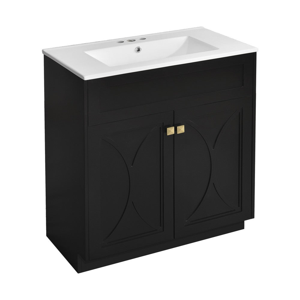 Trixie Bathroom Vanity with Ceramic Sink | Gold Metal | Black Wood 30"