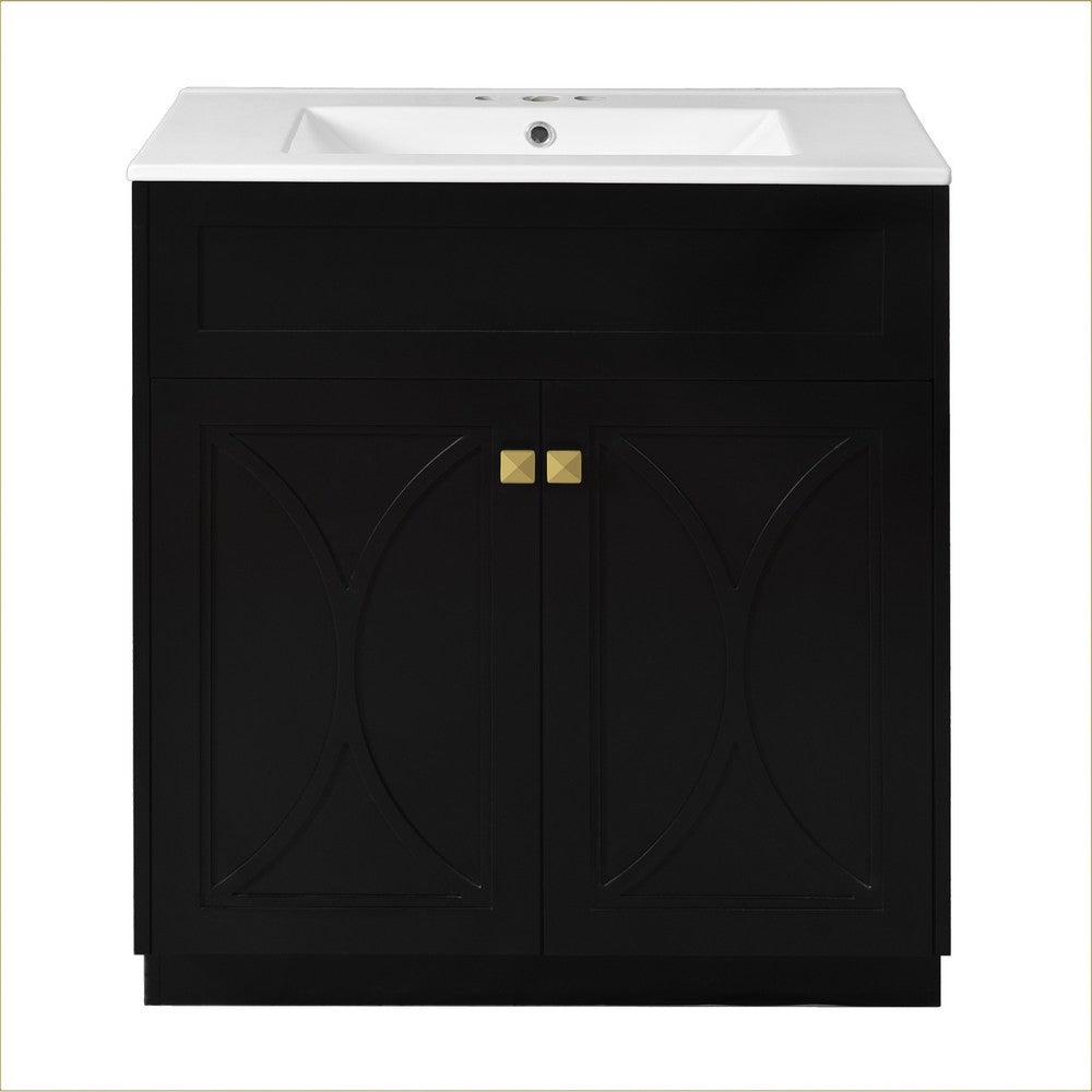 Trixie Bathroom Vanity with Ceramic Sink | Gold Metal | Black Wood 30"