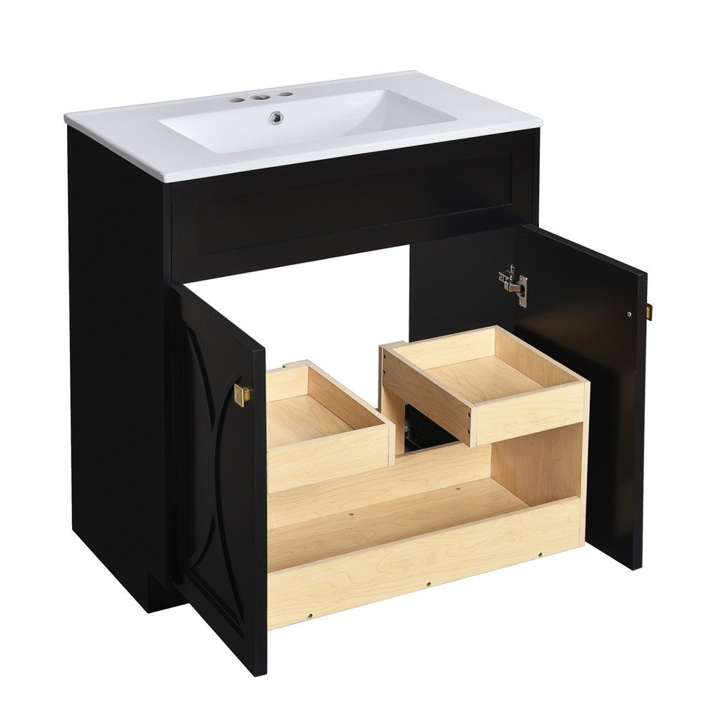 Trixie Bathroom Vanity with Ceramic Sink | Gold Metal | Black Wood 30"