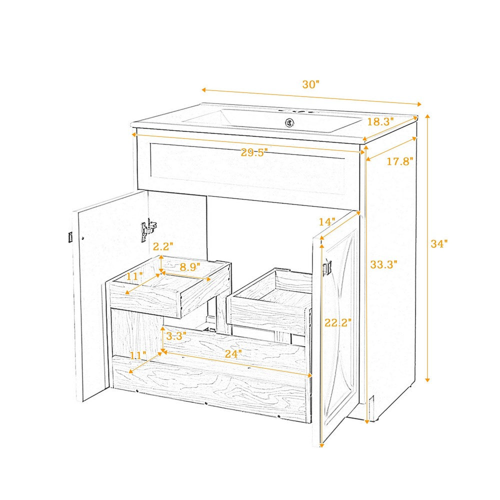 Trixie Bathroom Vanity with Ceramic Sink | Gold Metal | Black Wood 30"