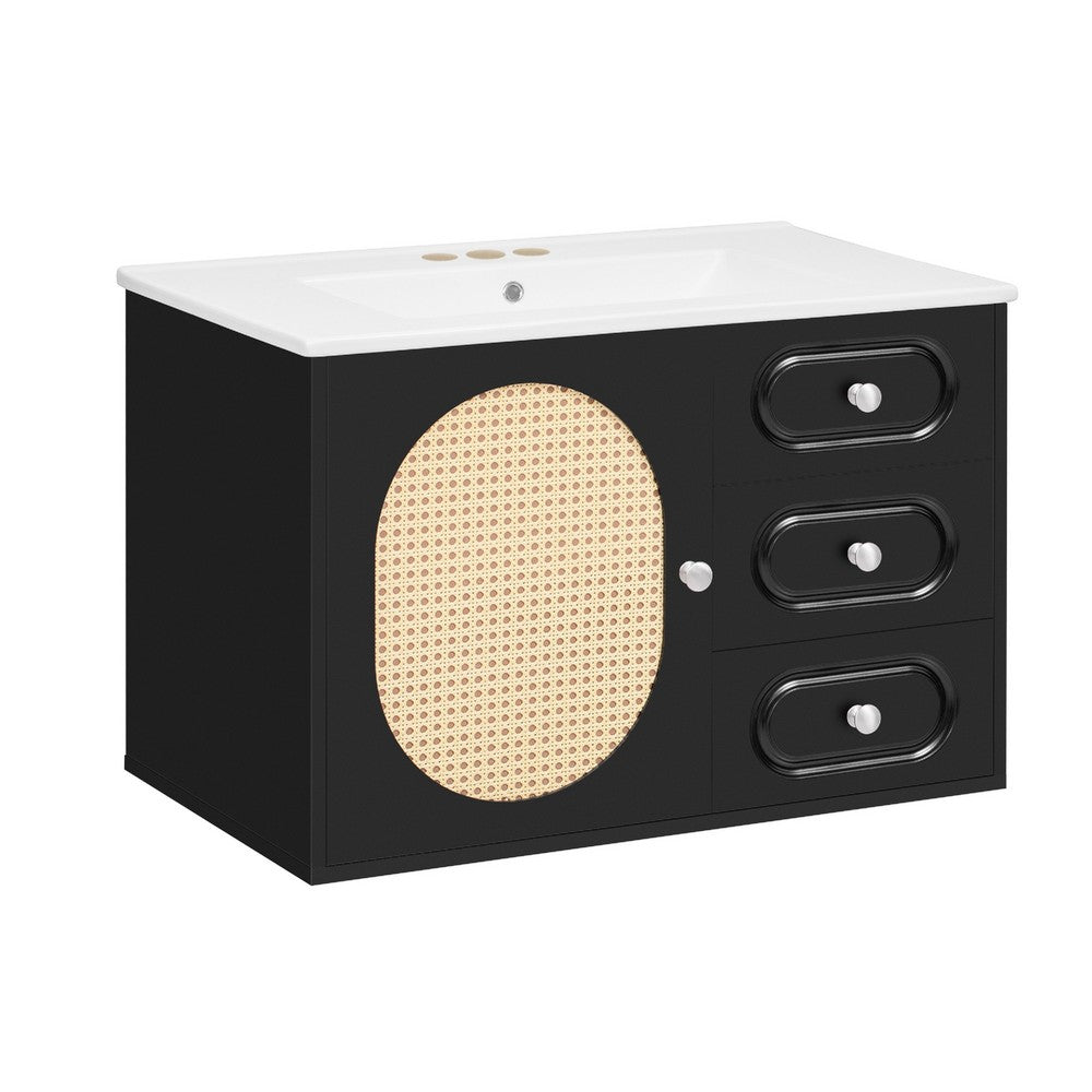 Genie 30" Wall-Mounted Bathroom Vanity | Ceramic Sink | Rattan Accent Black