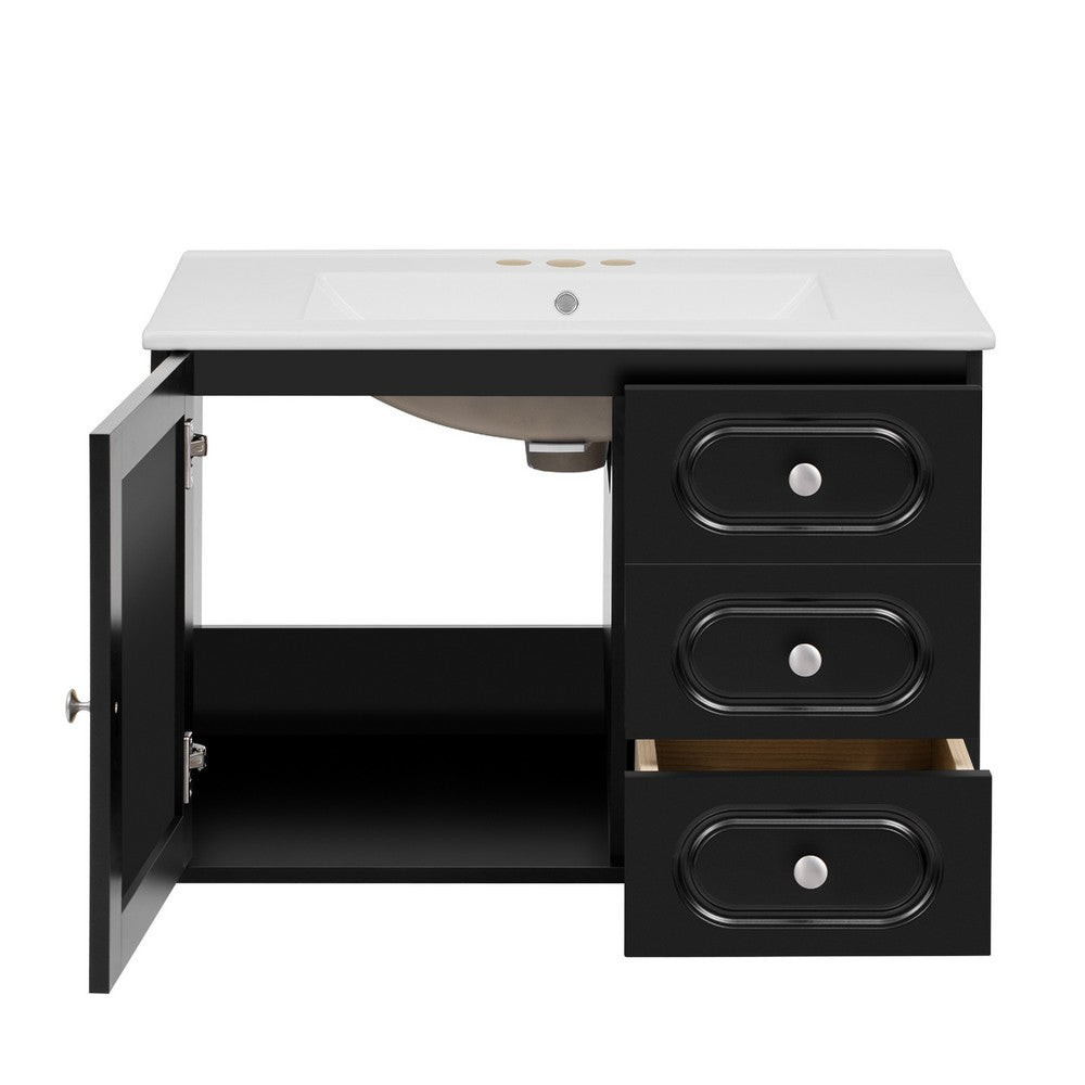 Genie 30" Wall-Mounted Bathroom Vanity | Ceramic Sink | Rattan Accent Black