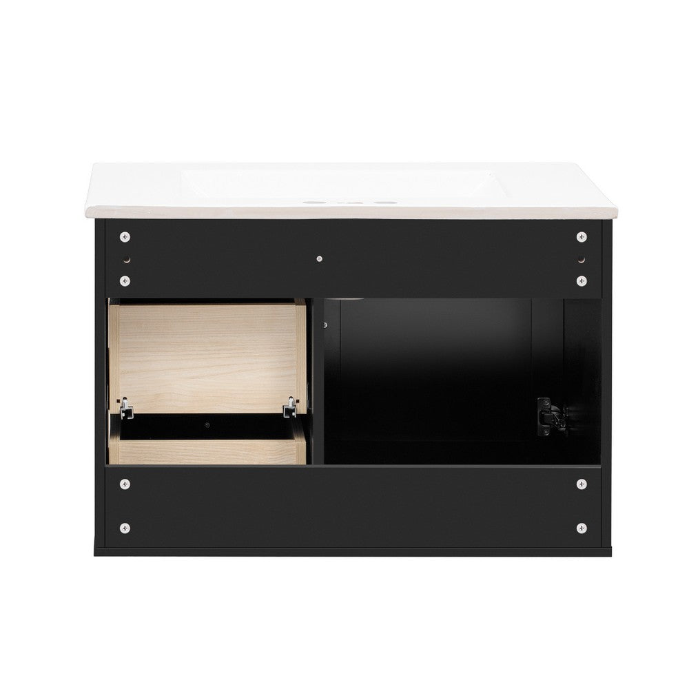 Genie 30" Wall-Mounted Bathroom Vanity | Ceramic Sink | Rattan Accent Black