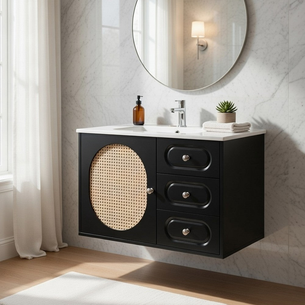 Genie 30" Wall-Mounted Bathroom Vanity | Ceramic Sink | Rattan Accent Black