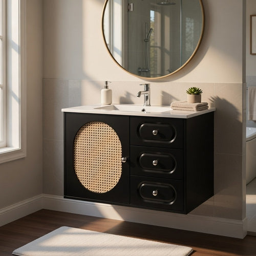 Genie 30" Wall-Mounted Bathroom Vanity | Ceramic Sink | Rattan Accent Black