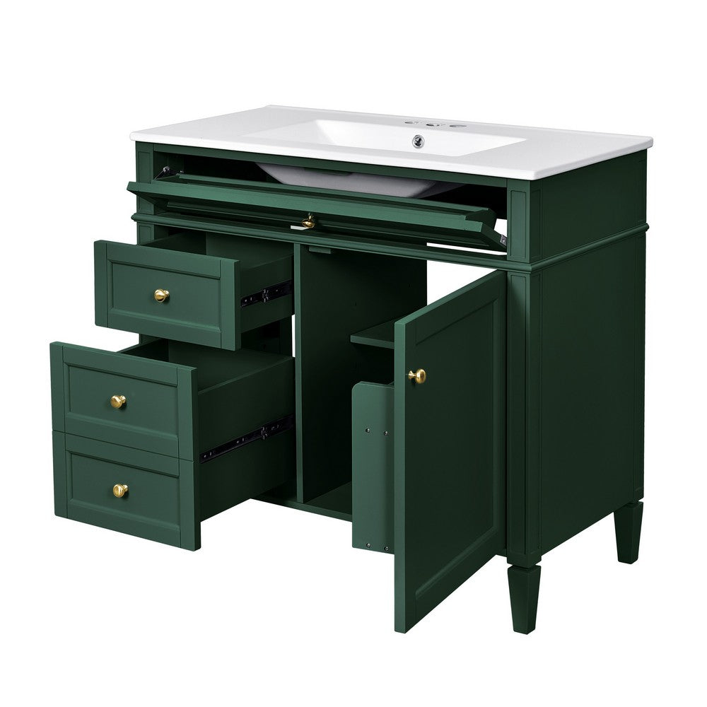 Delma Bathroom Vanity | White Ceramic Sink | Smart Storage | Dark Green 36"