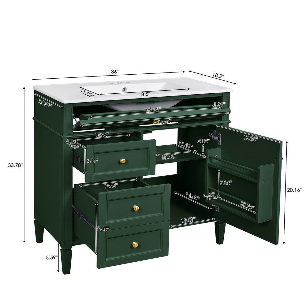 Delma Bathroom Vanity | White Ceramic Sink | Smart Storage | Dark Green 36"