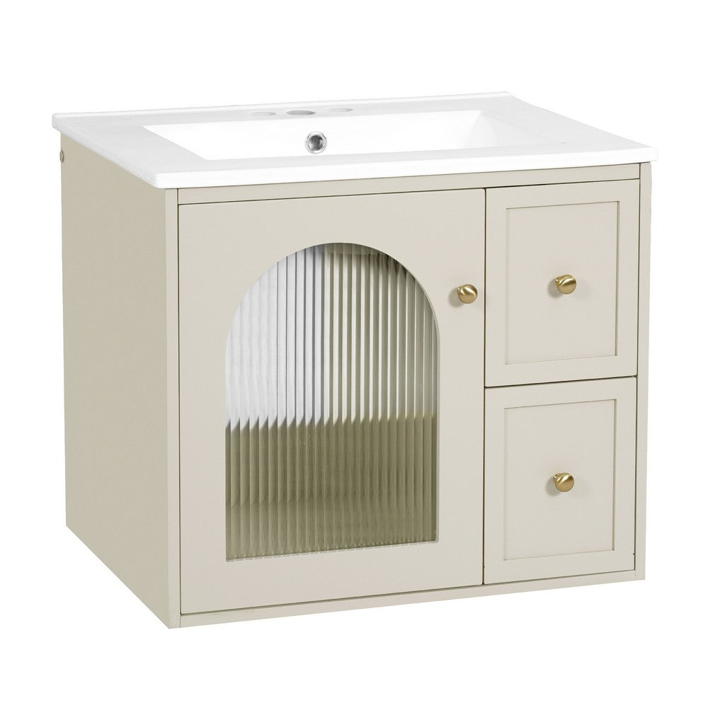 Jacky Wall-Mounted Vanity with Sink | Glass Cabinet Door | Beige Wood 24"