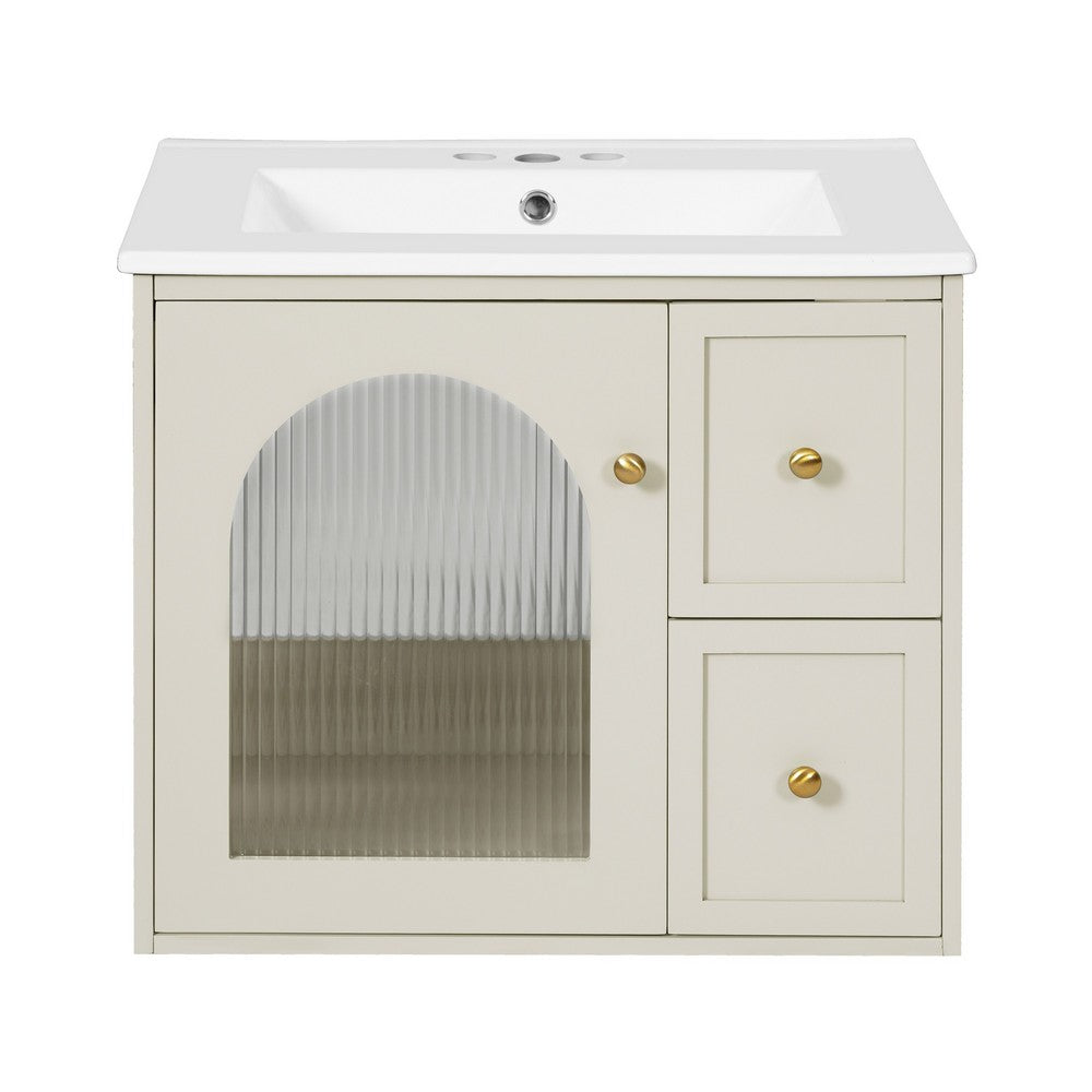 Jacky Wall-Mounted Vanity with Sink | Glass Cabinet Door | Beige Wood 24"